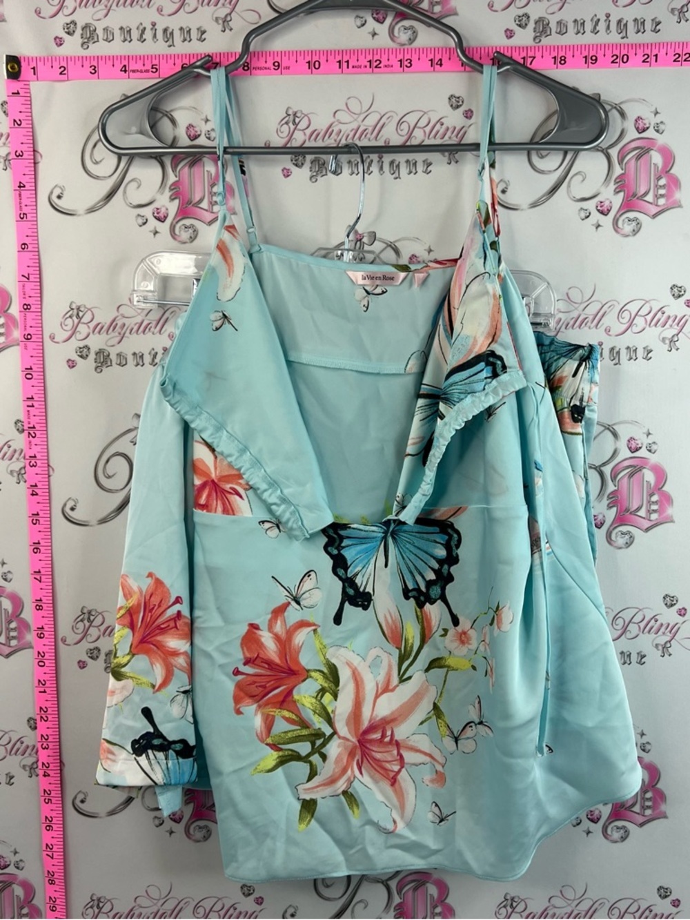 La Vie En Rose set 2 pieces top and pants matching Turquoise Floral & Butterfly